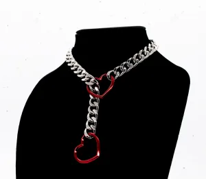 Silver and Red Heart Slip Chain Collar