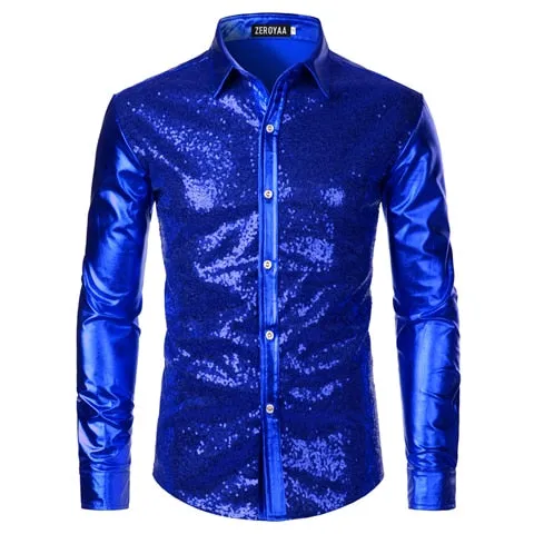 Silver Metallic Sequins Glitter Disco Men Shirt