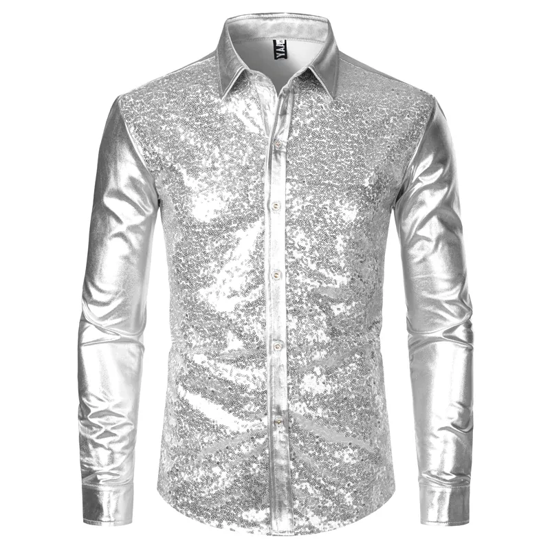 Silver Metallic Sequins Glitter Disco Men Shirt