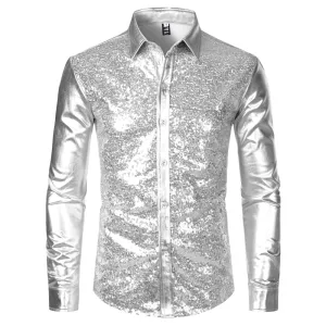 Silver Metallic Sequins Glitter Disco Men Shirt