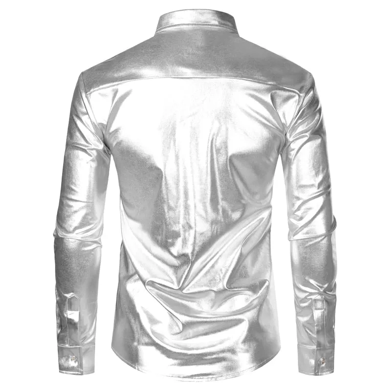 Silver Metallic Sequins Glitter Disco Men Shirt