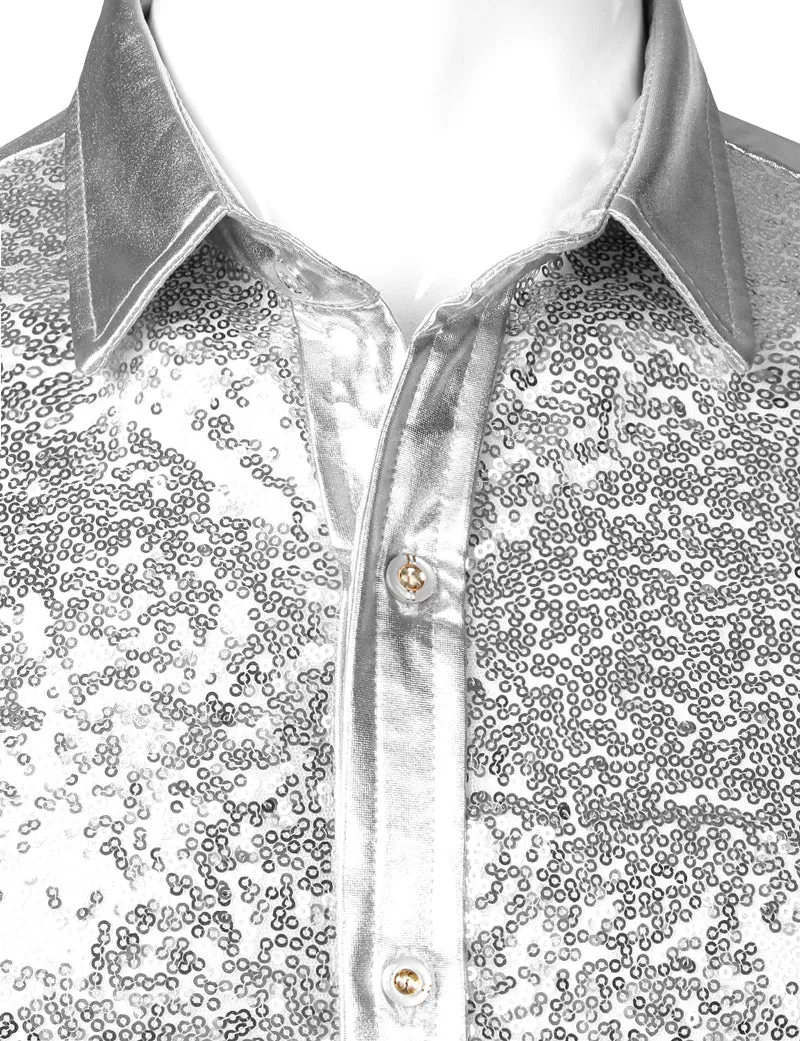 Silver Metallic Sequins Glitter Disco Men Shirt