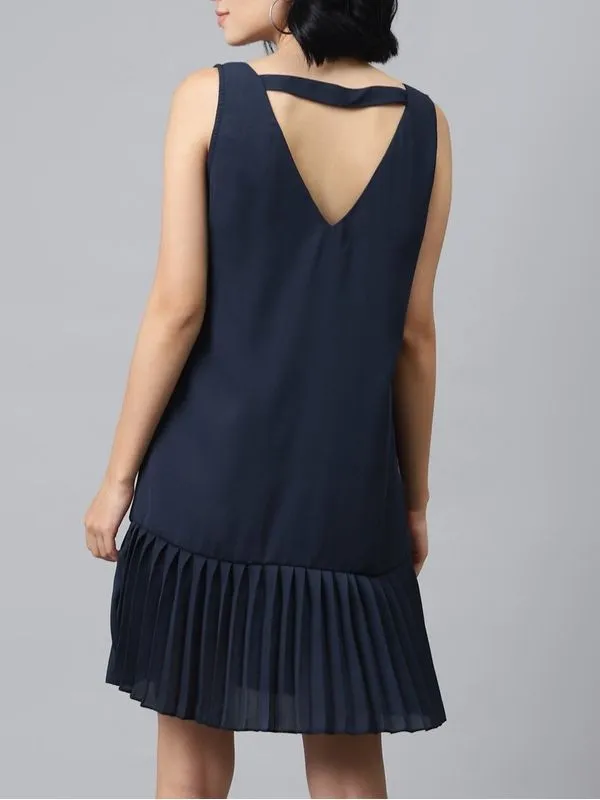 Simple Navy Blue Pleated Frill Hem Dress - Ships in 24 Hrs