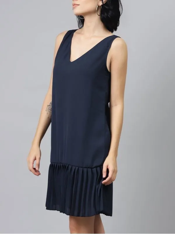 Simple Navy Blue Pleated Frill Hem Dress - Ships in 24 Hrs