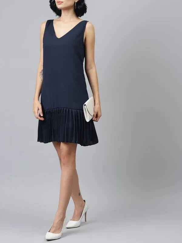 Simple Navy Blue Pleated Frill Hem Dress - Ships in 24 Hrs