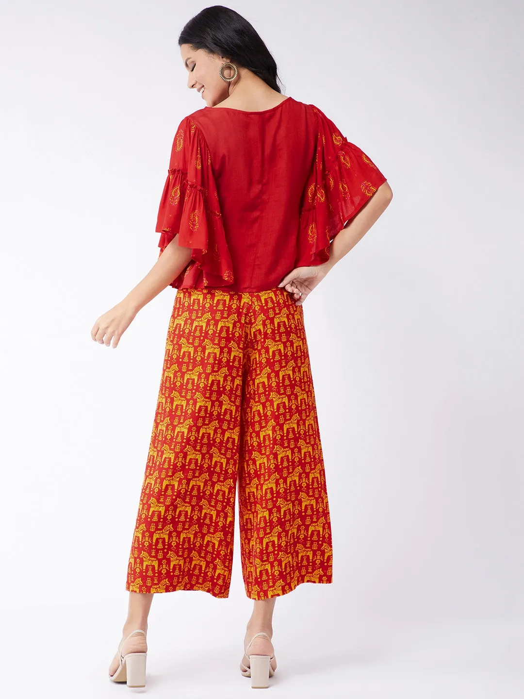 Sindoor Digital Printed Top With Extended Flared Sleeves And Printed Pants