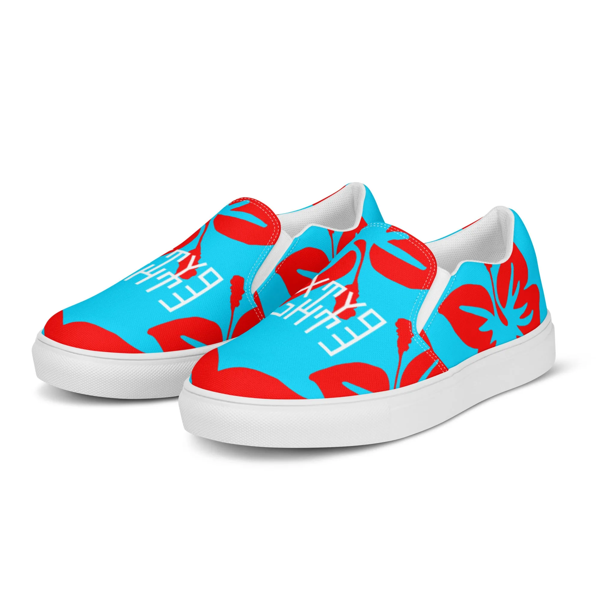 Sixty Eight 93 Logo White Hibiscus Red & Aqua Blue Men's Slip On Shoes