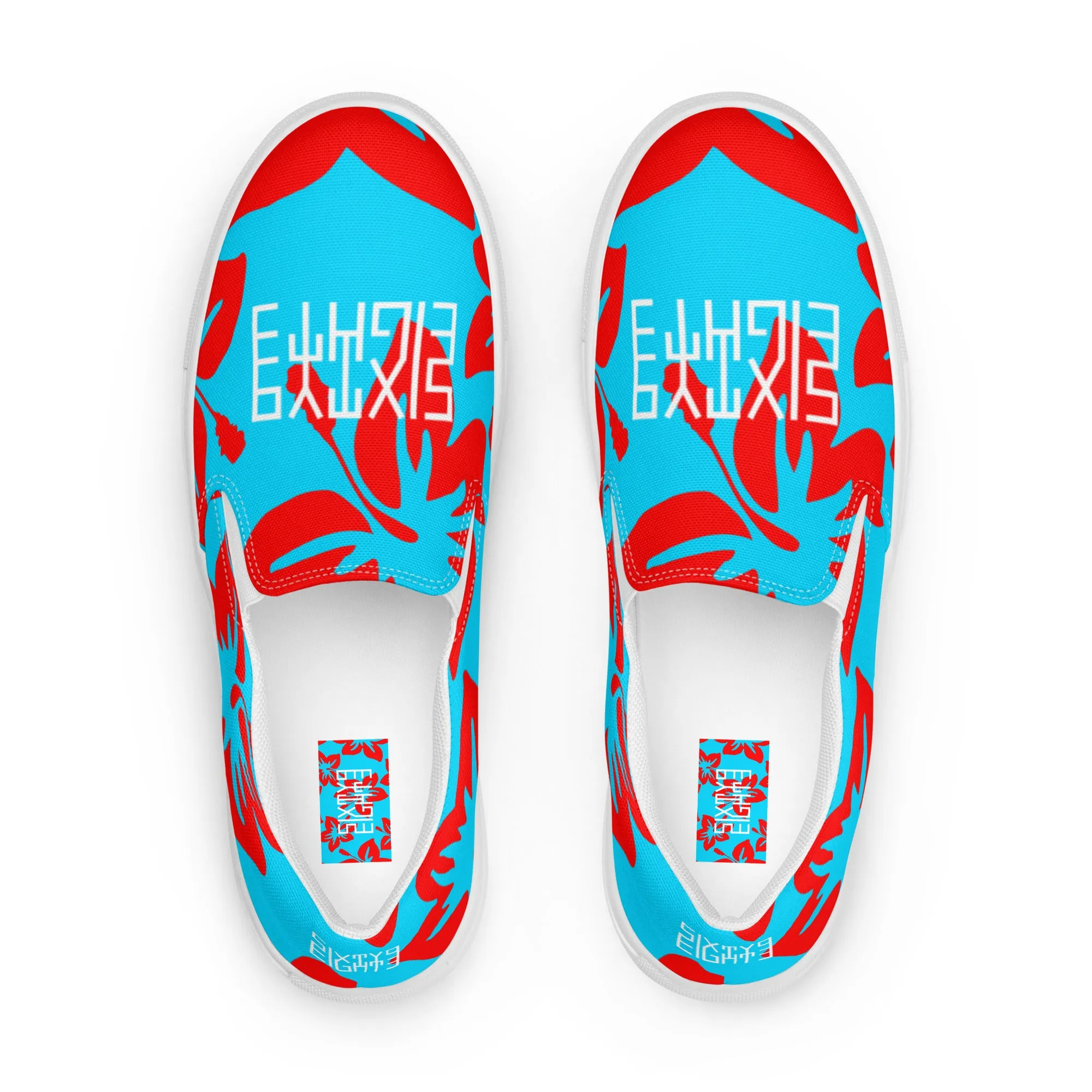 Sixty Eight 93 Logo White Hibiscus Red & Aqua Blue Men's Slip On Shoes