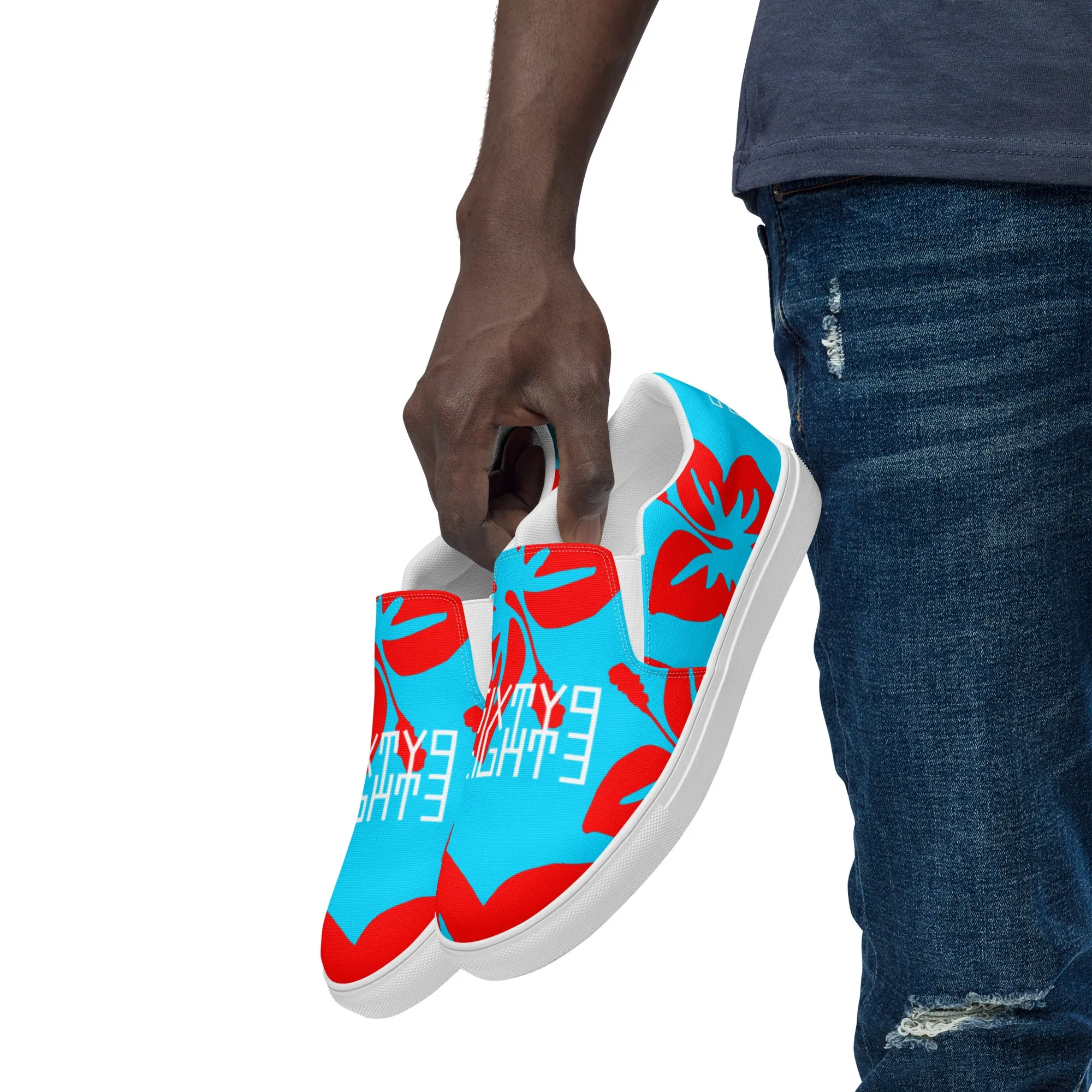 Sixty Eight 93 Logo White Hibiscus Red & Aqua Blue Men's Slip On Shoes