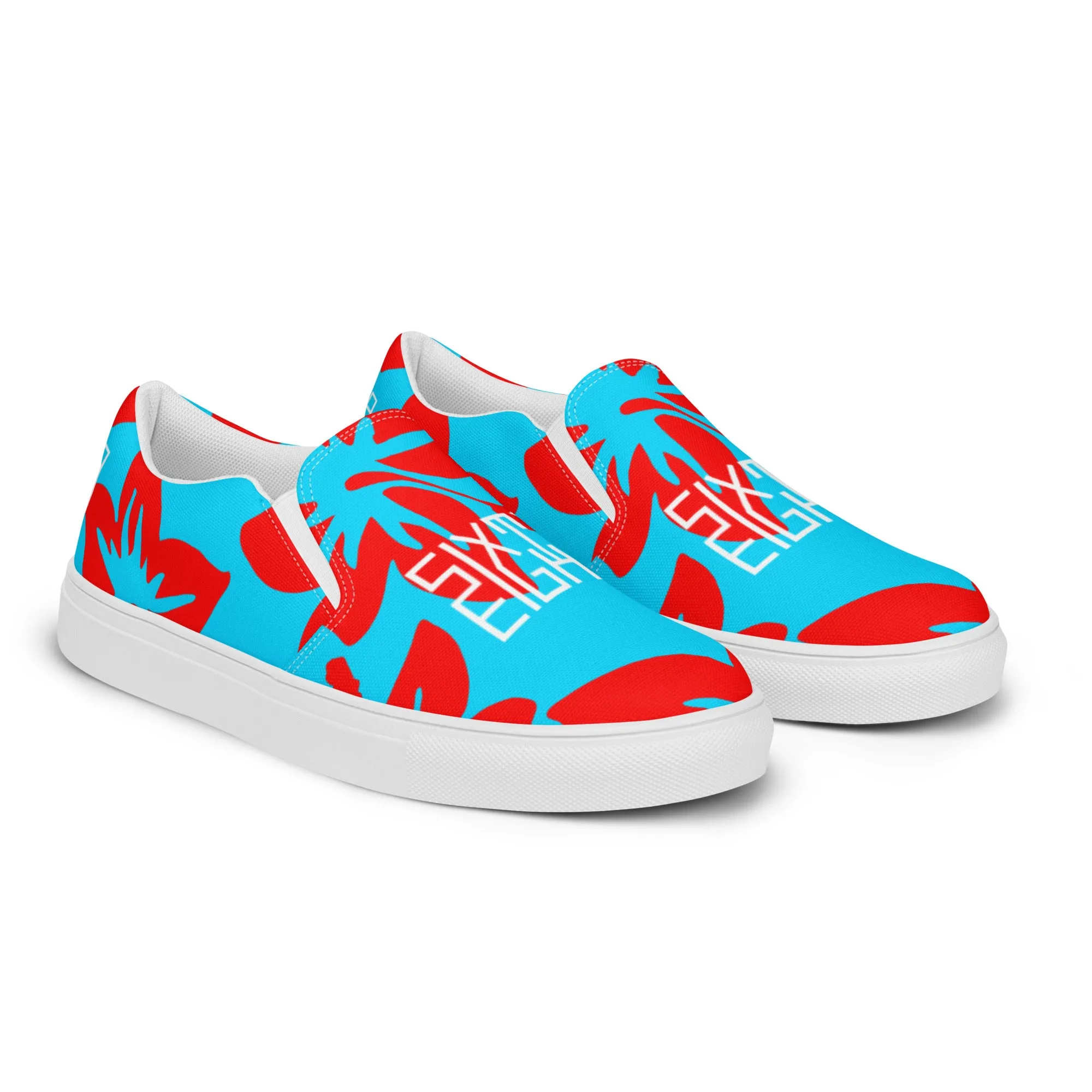 Sixty Eight 93 Logo White Hibiscus Red & Aqua Blue Men's Slip On Shoes