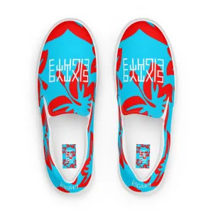 Sixty Eight 93 Logo White Hibiscus Red & Aqua Blue Men's Slip On Shoes