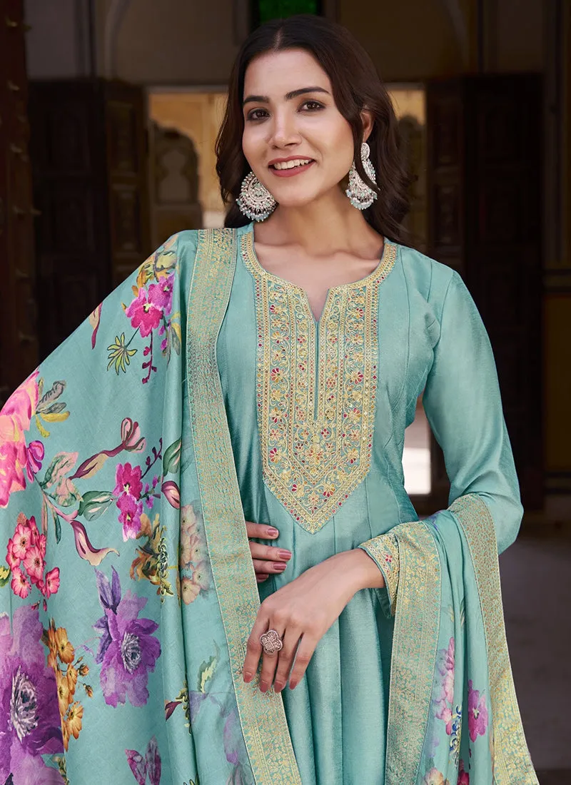 Sky Blue Multi Embroidery Silk Anarkali Dress