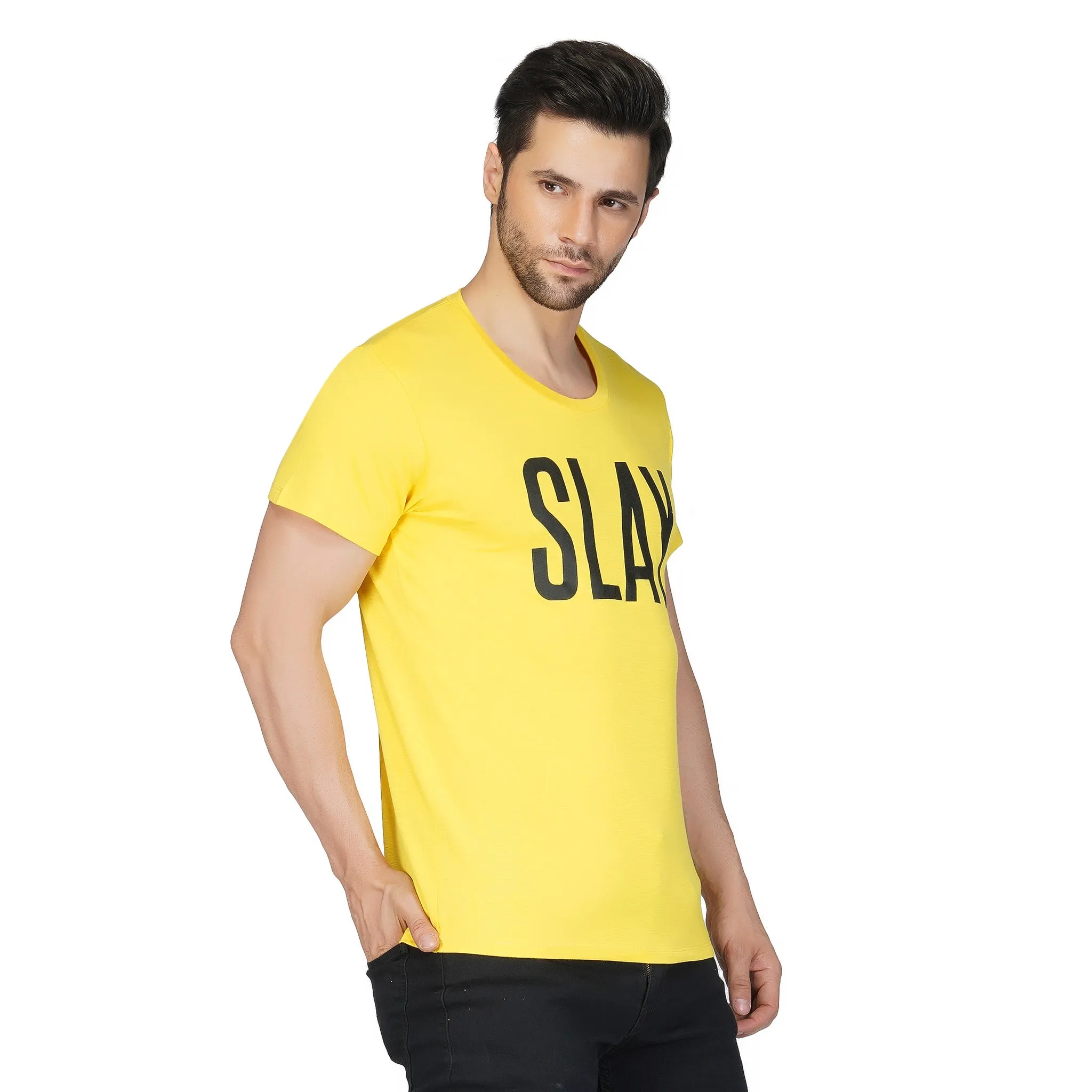 SLAY. Men's Yellow Printed T-Shirt