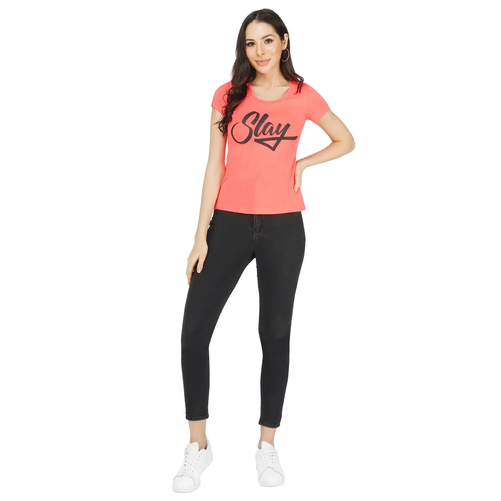 SLAY. Women's Neon Pink Printed T-shirt