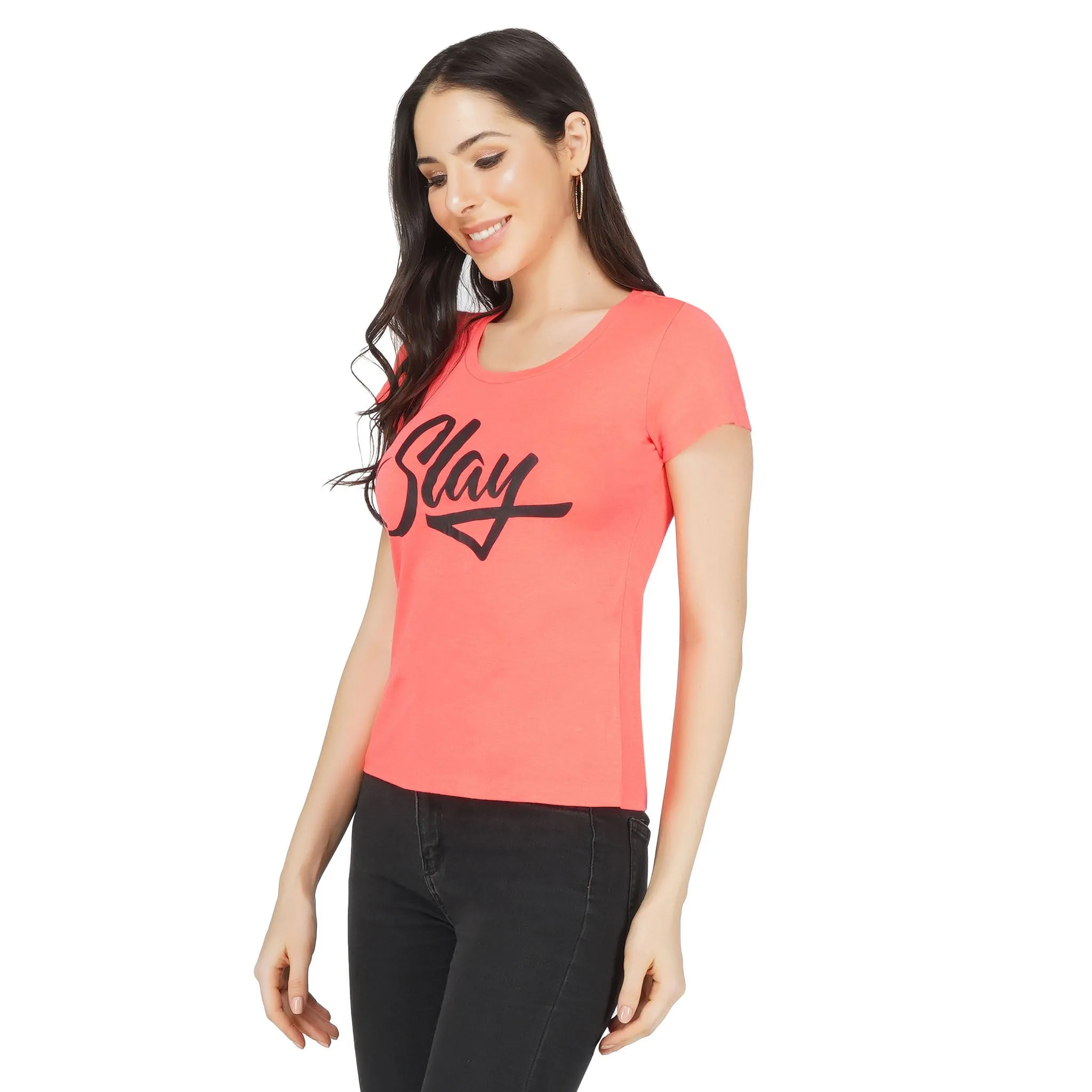 SLAY. Women's Neon Pink Printed T-shirt