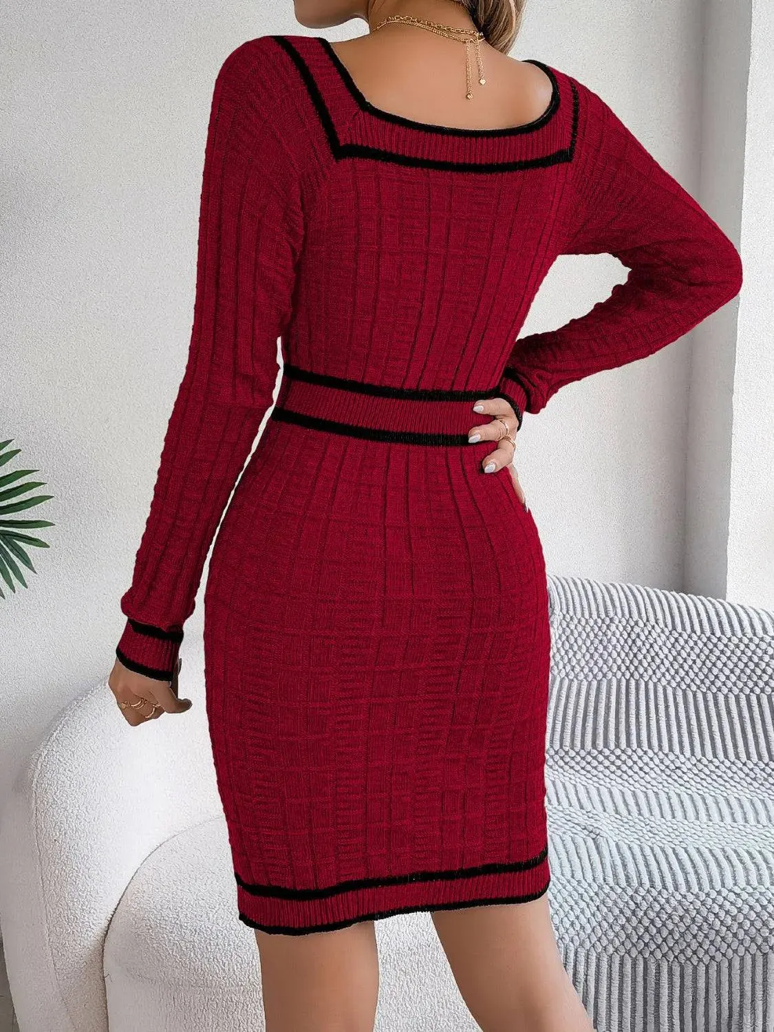 Sleek Contrast Trim Long Sleeve Knit Dress