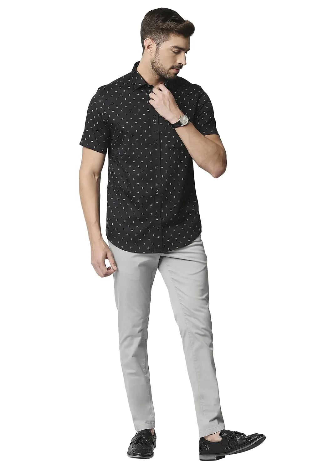 Slim Fit Satin Printed Halfsleeves Shirt