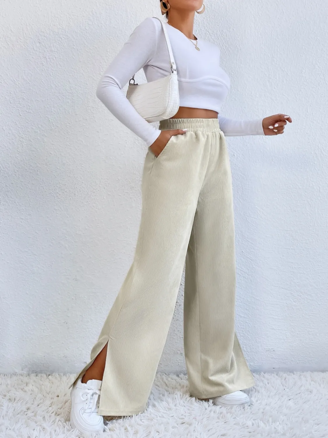 Slit Pocketed High Waist Wide Leg Pants