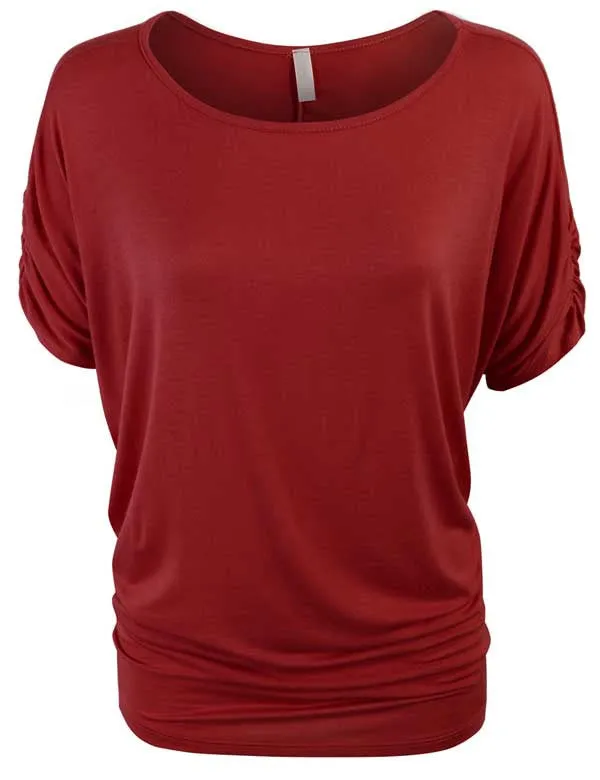 Solid Basic Boatneck Dolman Top with Sleeve Shirring