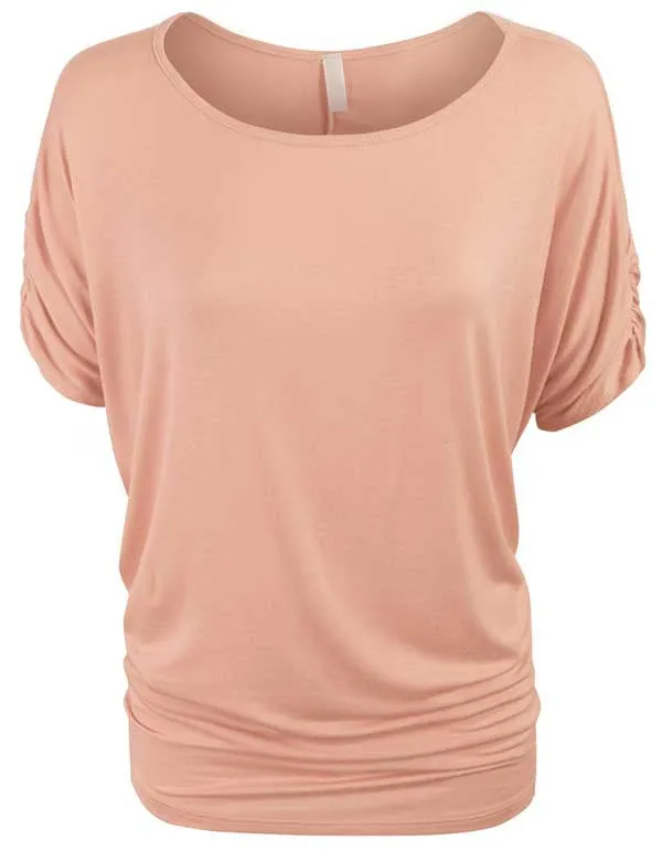 Solid Basic Boatneck Dolman Top with Sleeve Shirring