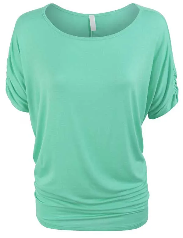 Solid Basic Boatneck Dolman Top with Sleeve Shirring