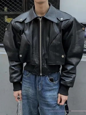 Solid Black Rivet Design Leather Jacket