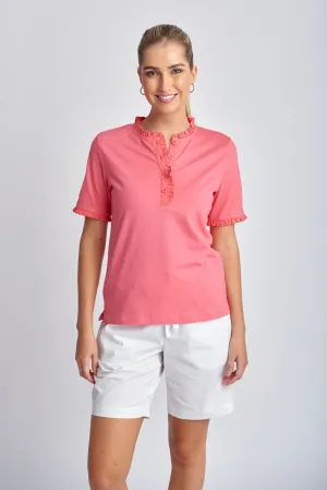 Solid Frill Henley Cotton Tee Coral