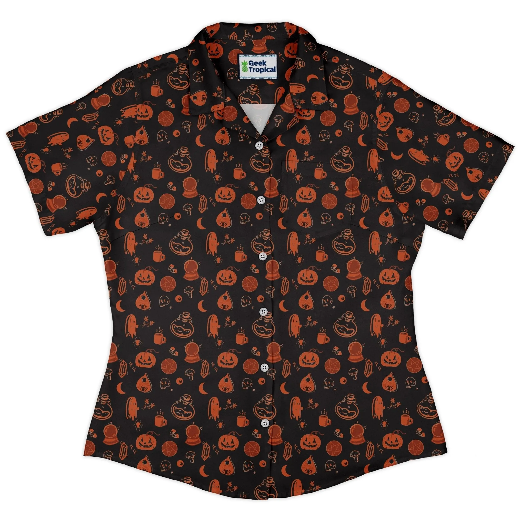 Spooky Halloween Orange Curvy Button Up Shirt