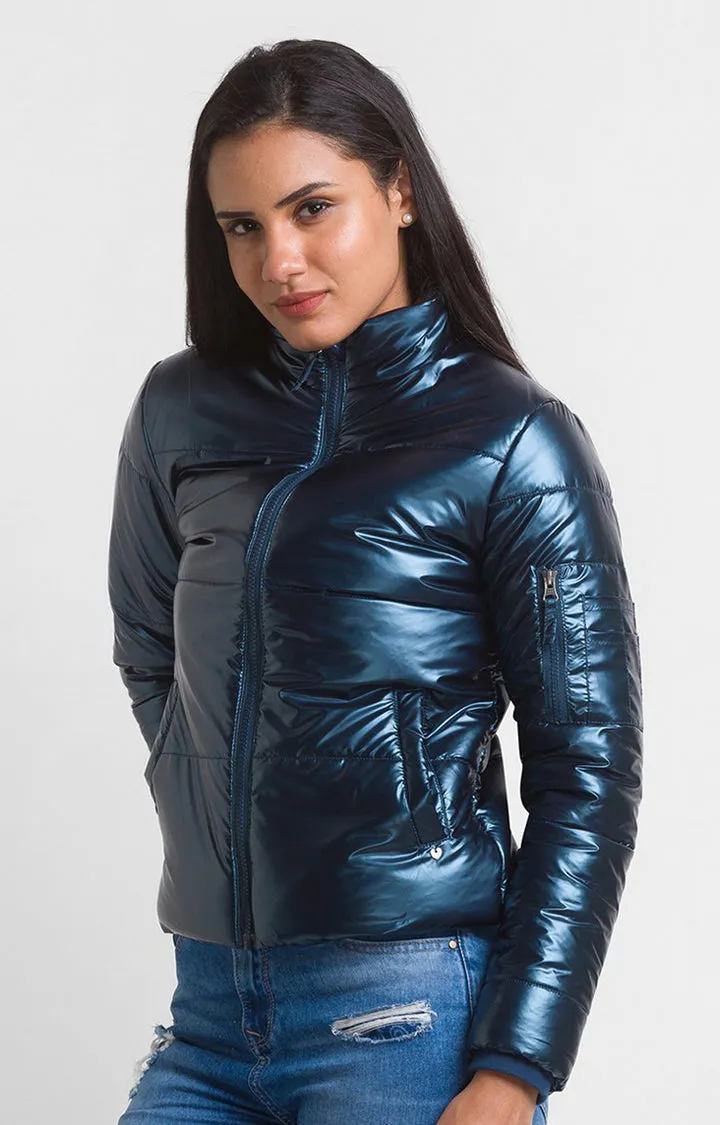 Spykar Metallic Blue Nylon Full Sleeve Casual Jacket For Women