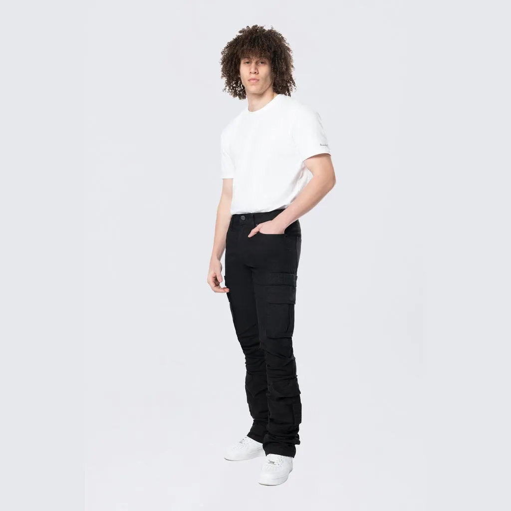 Stacked Flared Cargo Strap Canvas Pants - Black