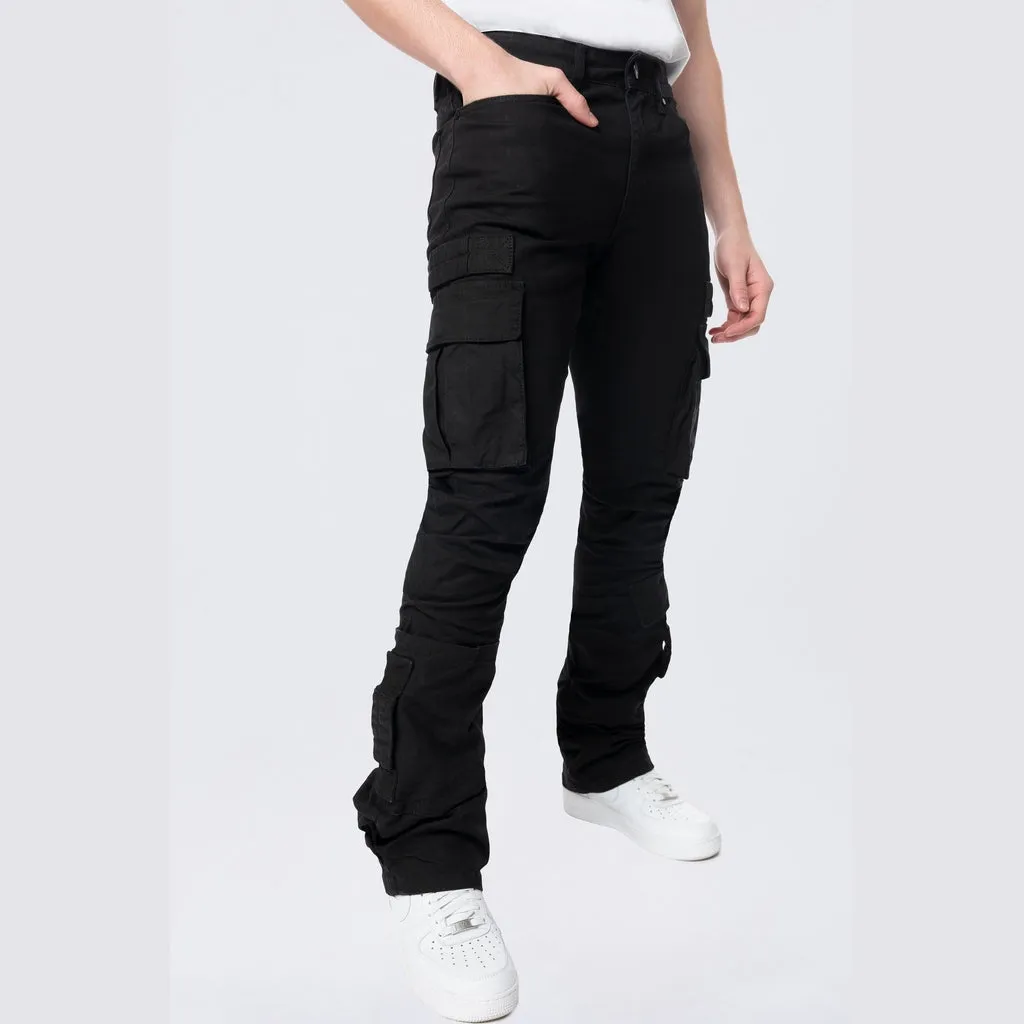 Stacked Flared Cargo Strap Canvas Pants - Black