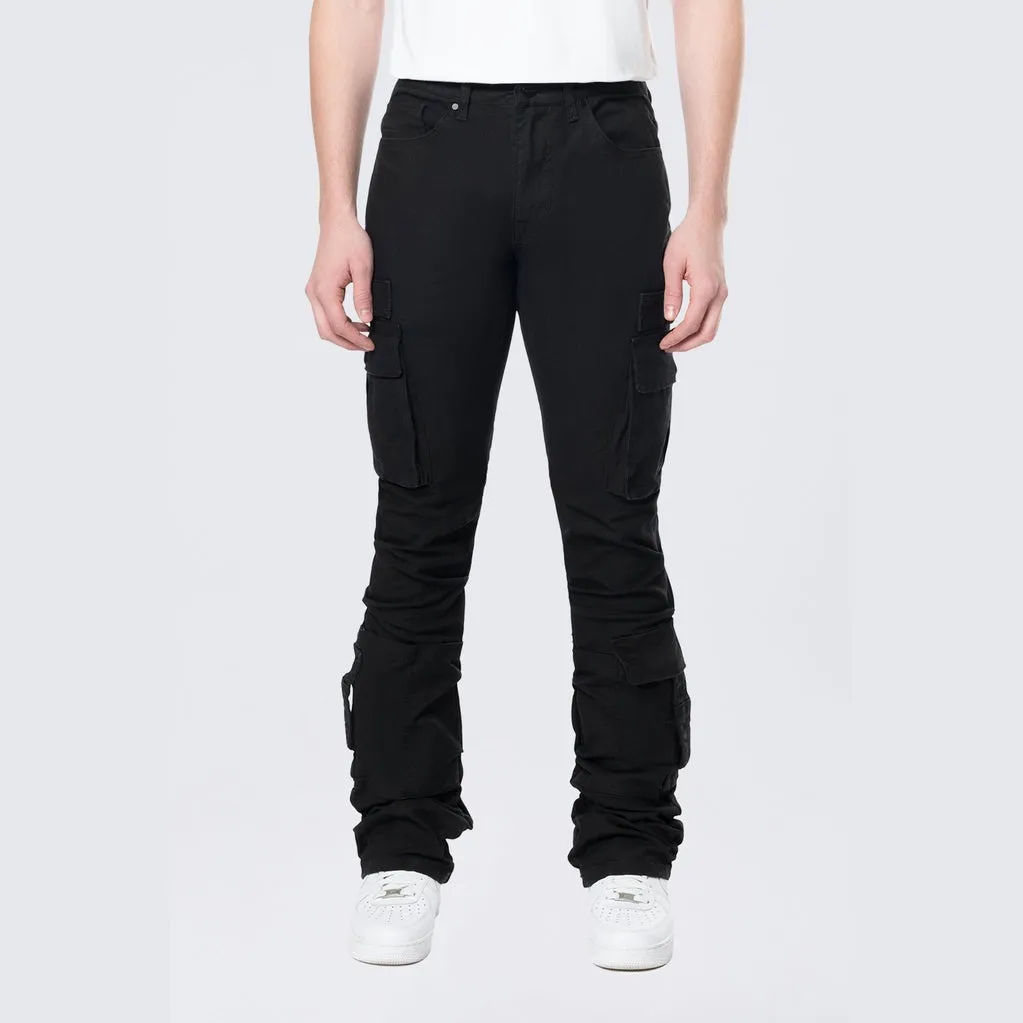 Stacked Flared Cargo Strap Canvas Pants - Black