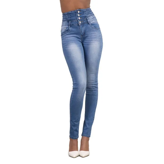 Stretchy Denim Skinny Button Front High Waist Jeans