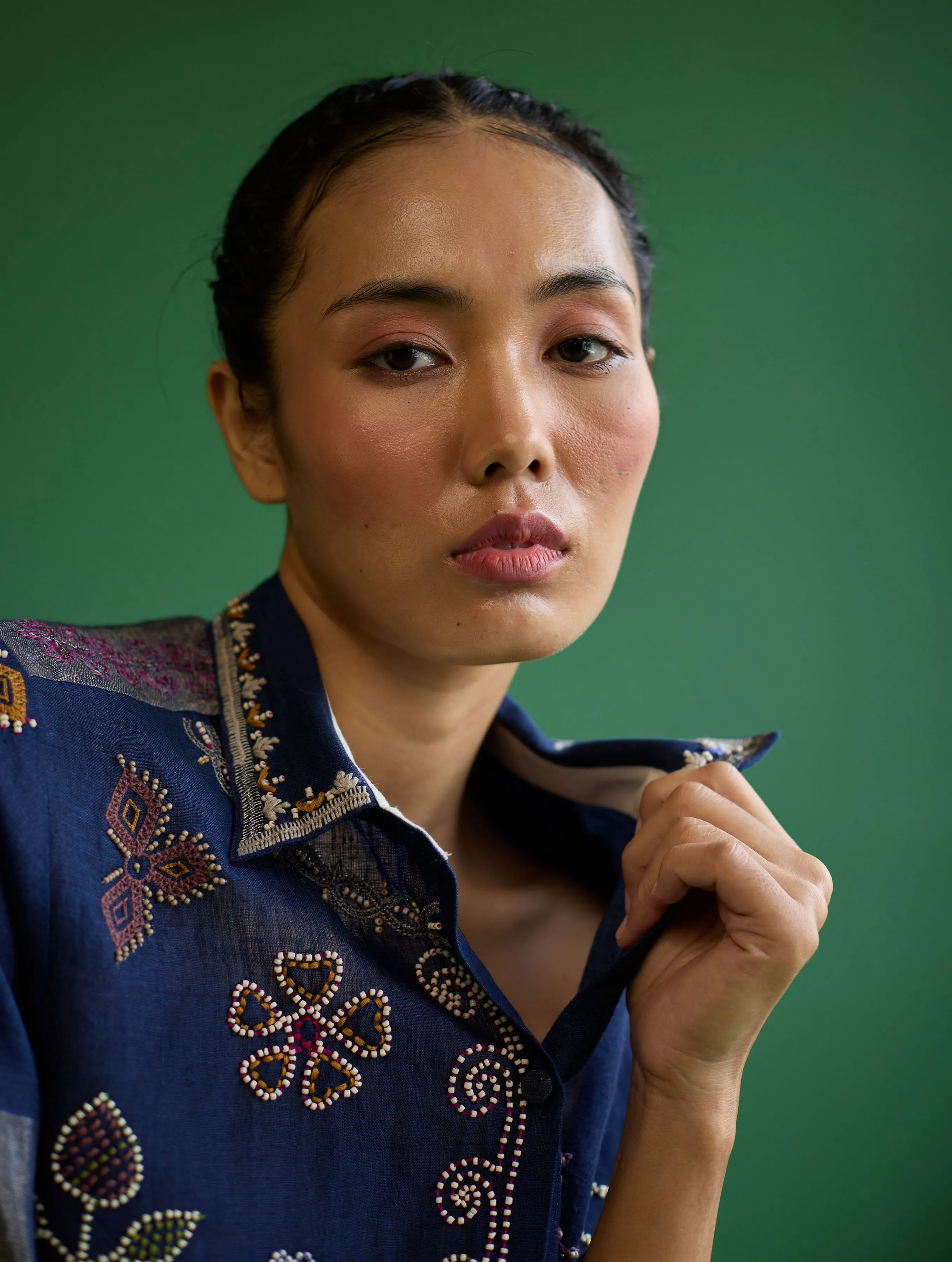 Tansa Hand-Embroidered Metallic Linen Shirt - Navy