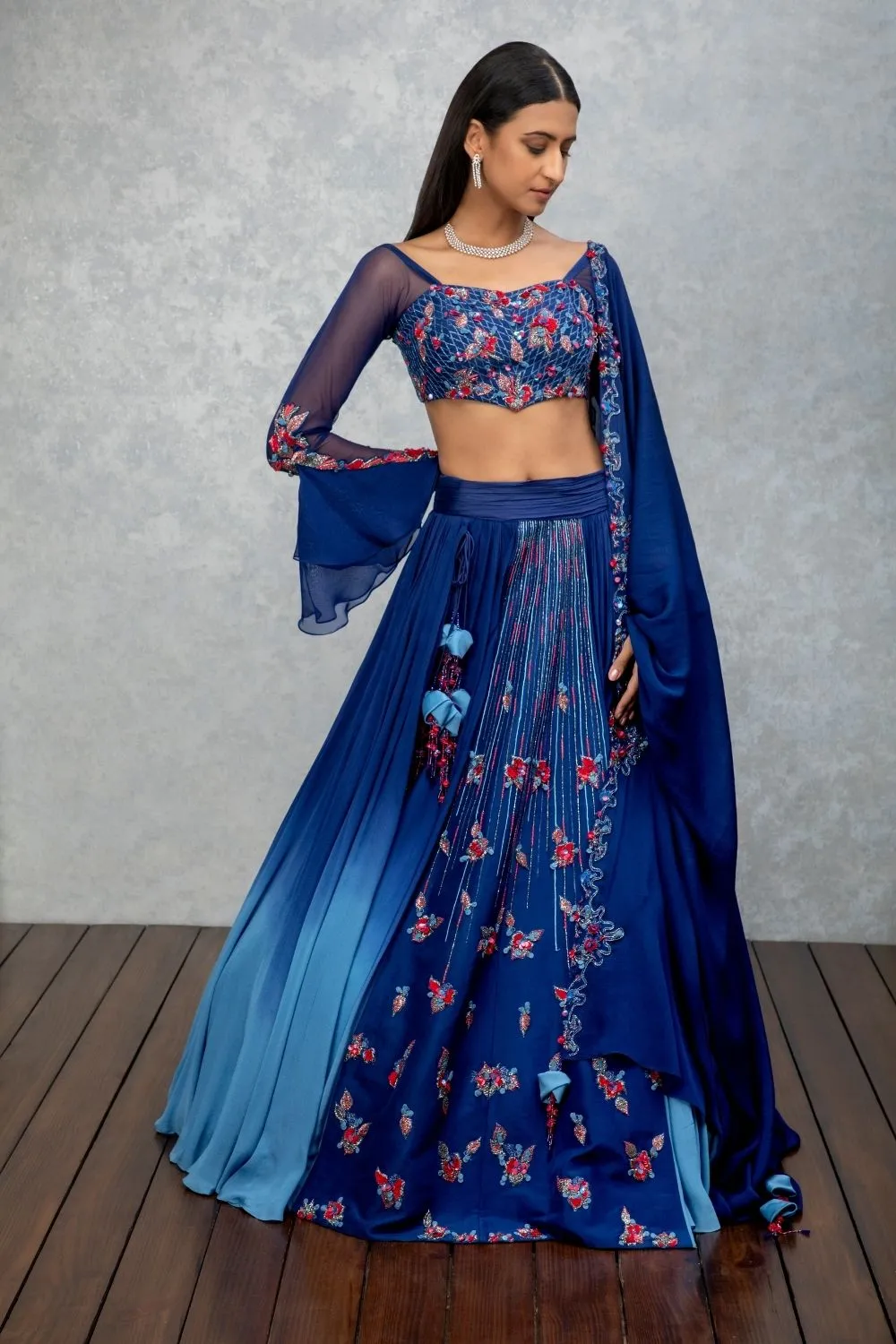 Tanzanite blue lehenga set in chiffon and organza