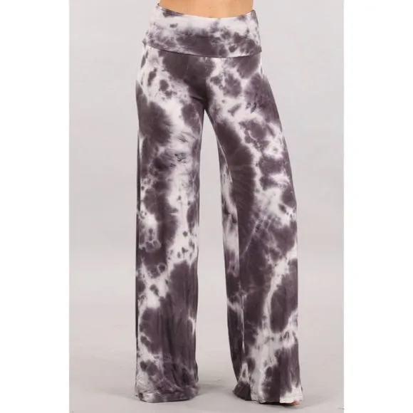 Taupe Gray Tie Dye Foldover High Waist Wide Leg Palazzo Lounge Stretch Pants