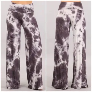 Taupe Gray Tie Dye Foldover High Waist Wide Leg Palazzo Lounge Stretch Pants