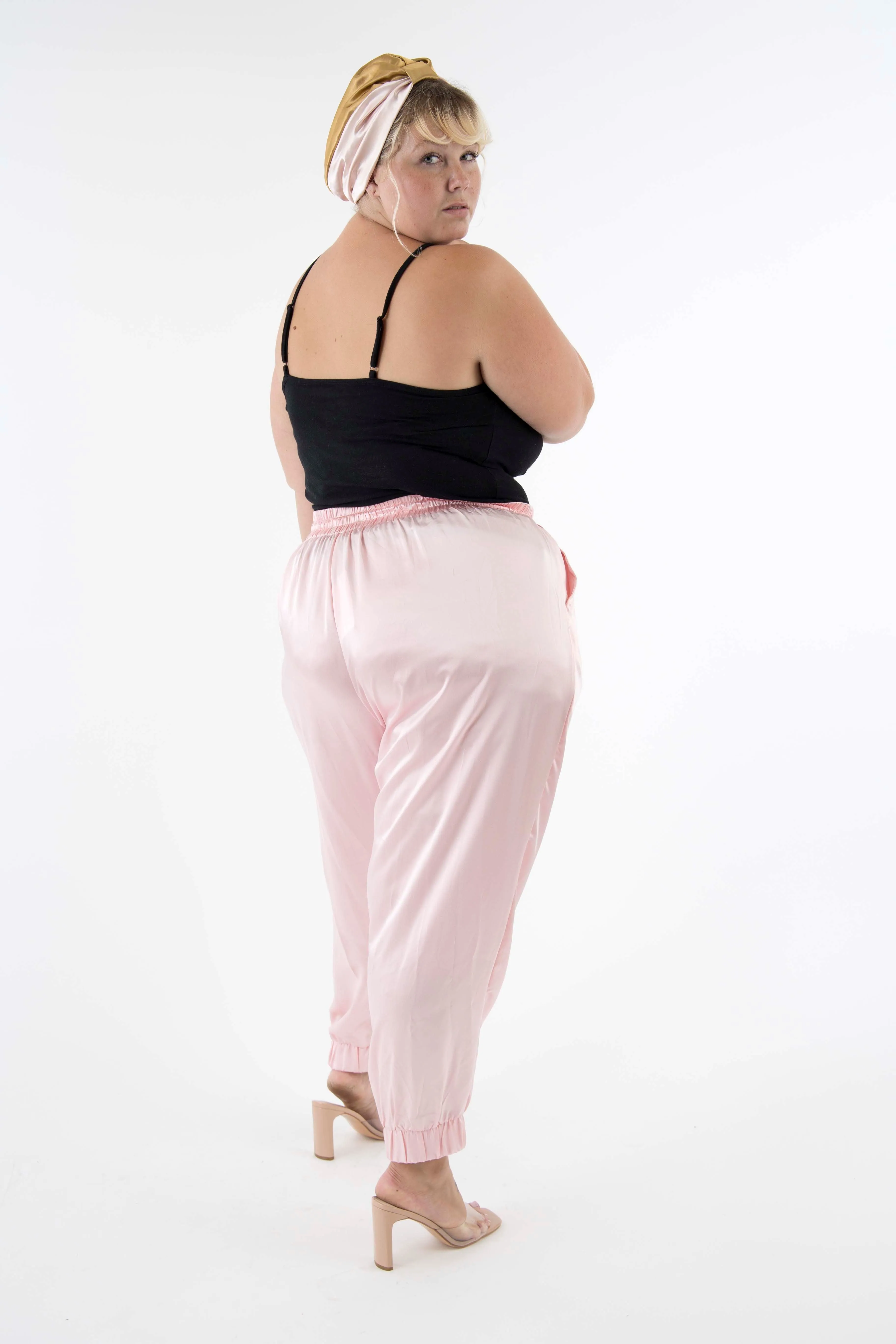 The Wardrobe Hero Italian Silk Jogger Pant with High Waist - Pink