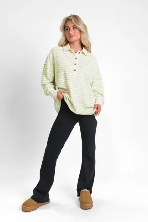 This Is The Life Lime Striped Collared Henley Oversized Knit Top