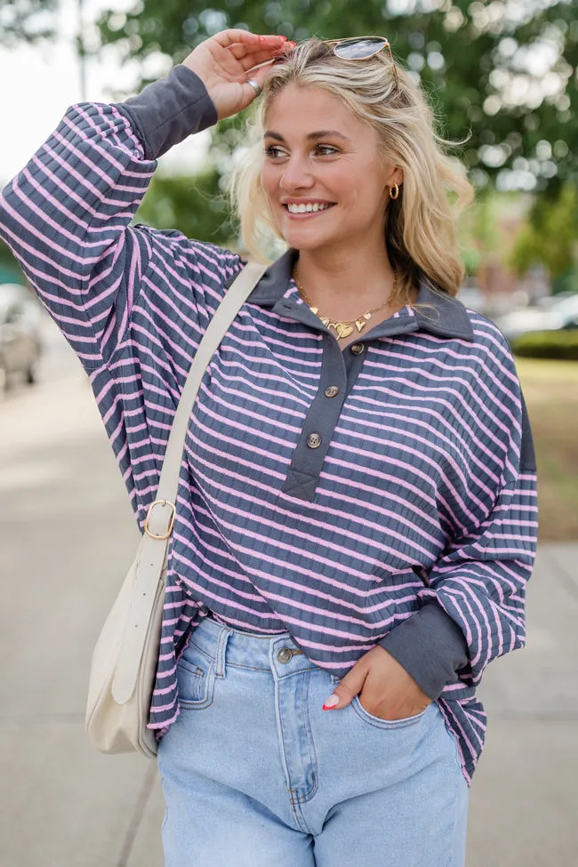 This Is The Life Navy and Pink Striped Collared Henley Oversized Knit Top