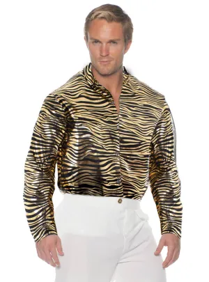 Tiger King Gold Metallic Tiger Print Mens Plus Size Costume Shirt