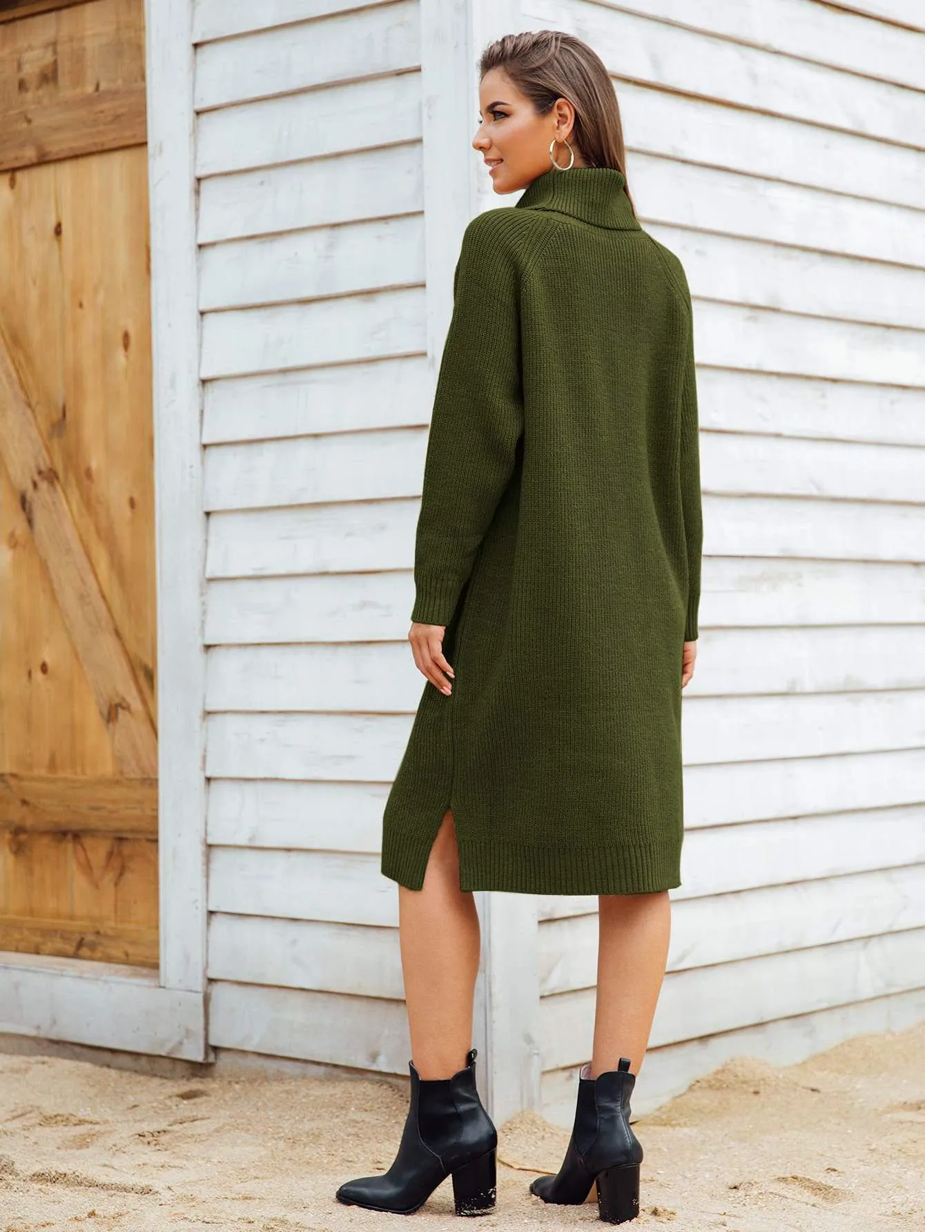 Turtleneck Ribbed Knit Jumper Dress Without Belt