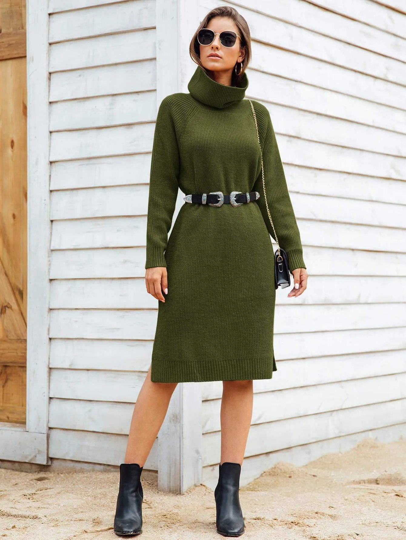 Turtleneck Ribbed Knit Jumper Dress Without Belt