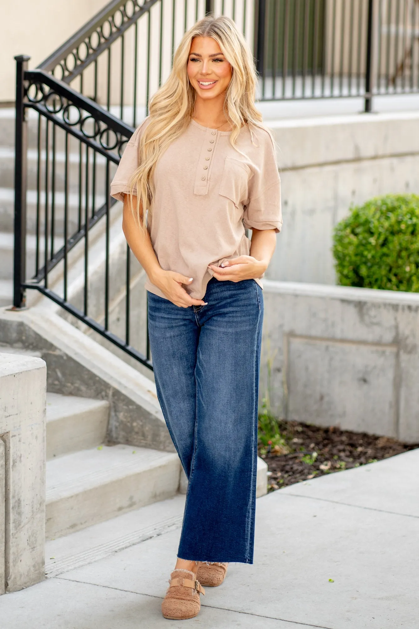 Twisted Sleeve Band Half Button Top