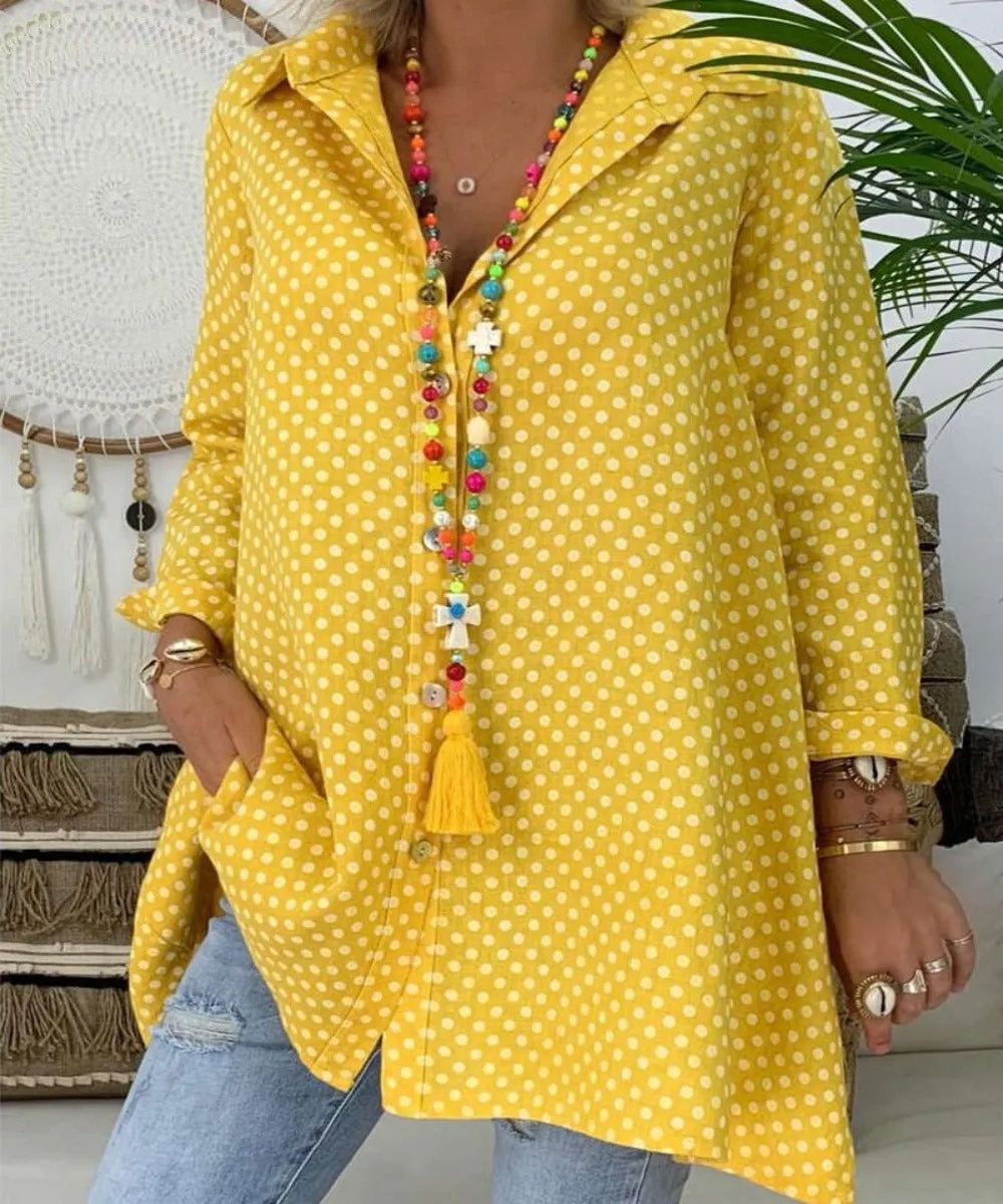 V Neck Polka Dot Long Sleeve Loose Blouse