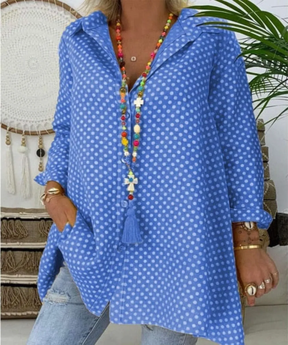 V Neck Polka Dot Long Sleeve Loose Blouse