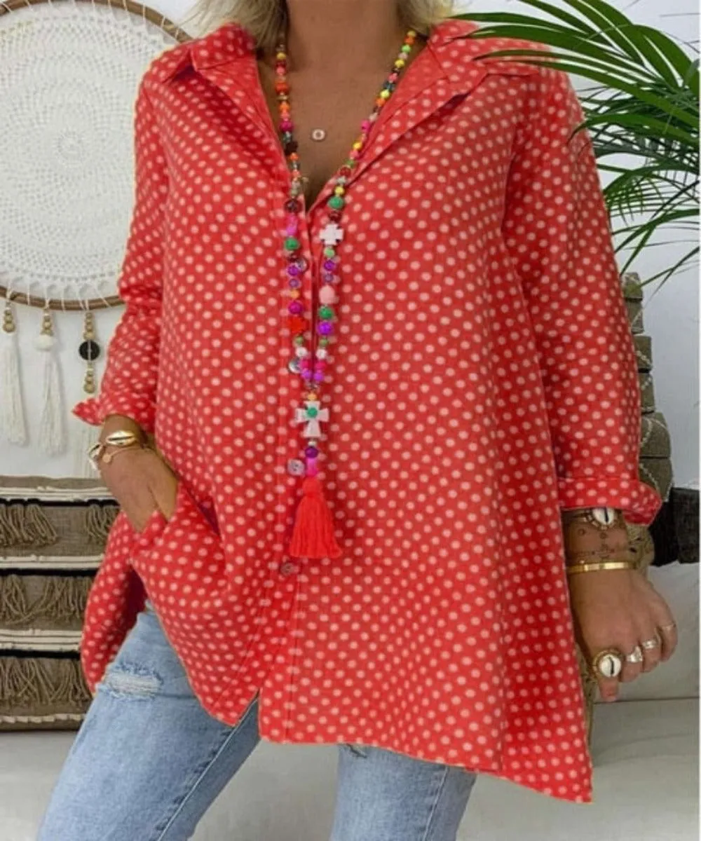 V Neck Polka Dot Long Sleeve Loose Blouse