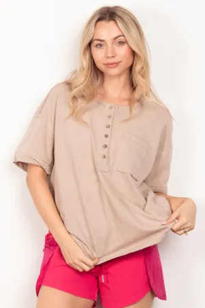 VERY J Twisted Sleeve Band Half Button Top