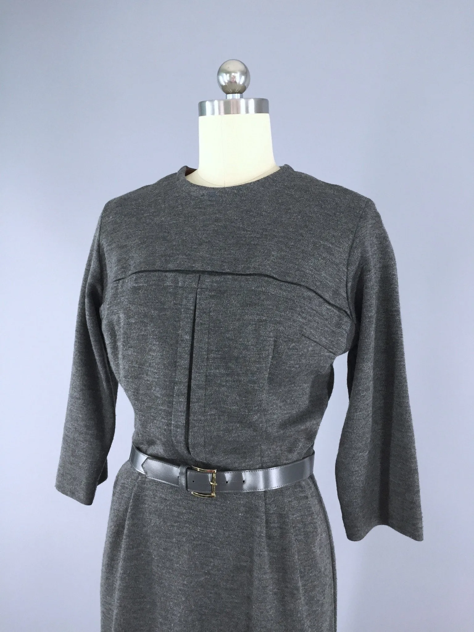 Vintage 1960s Sweater Day Dress / Charcoal Grey Wool Knit