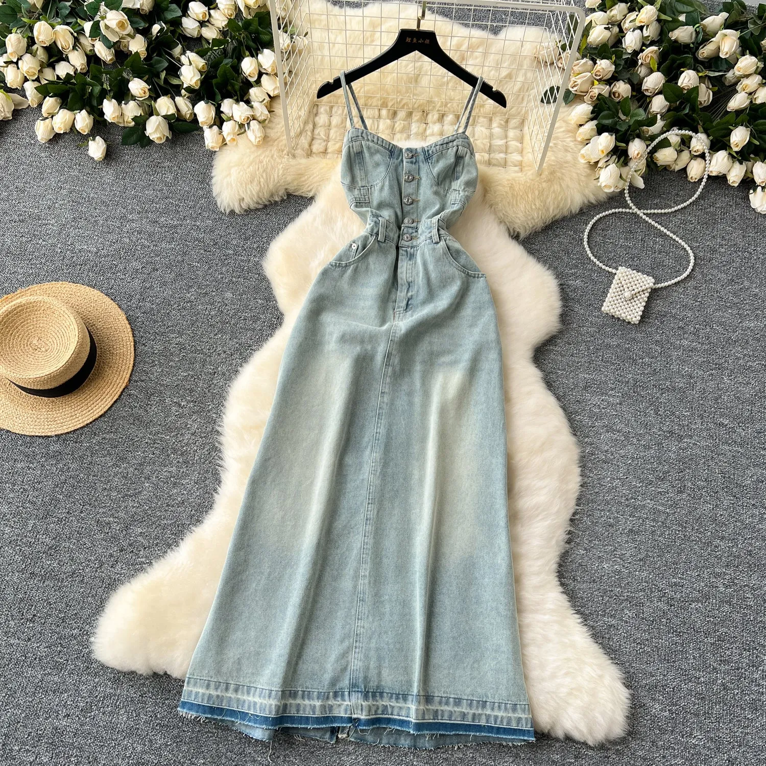 Vintage Distressed Denim Slip Dress